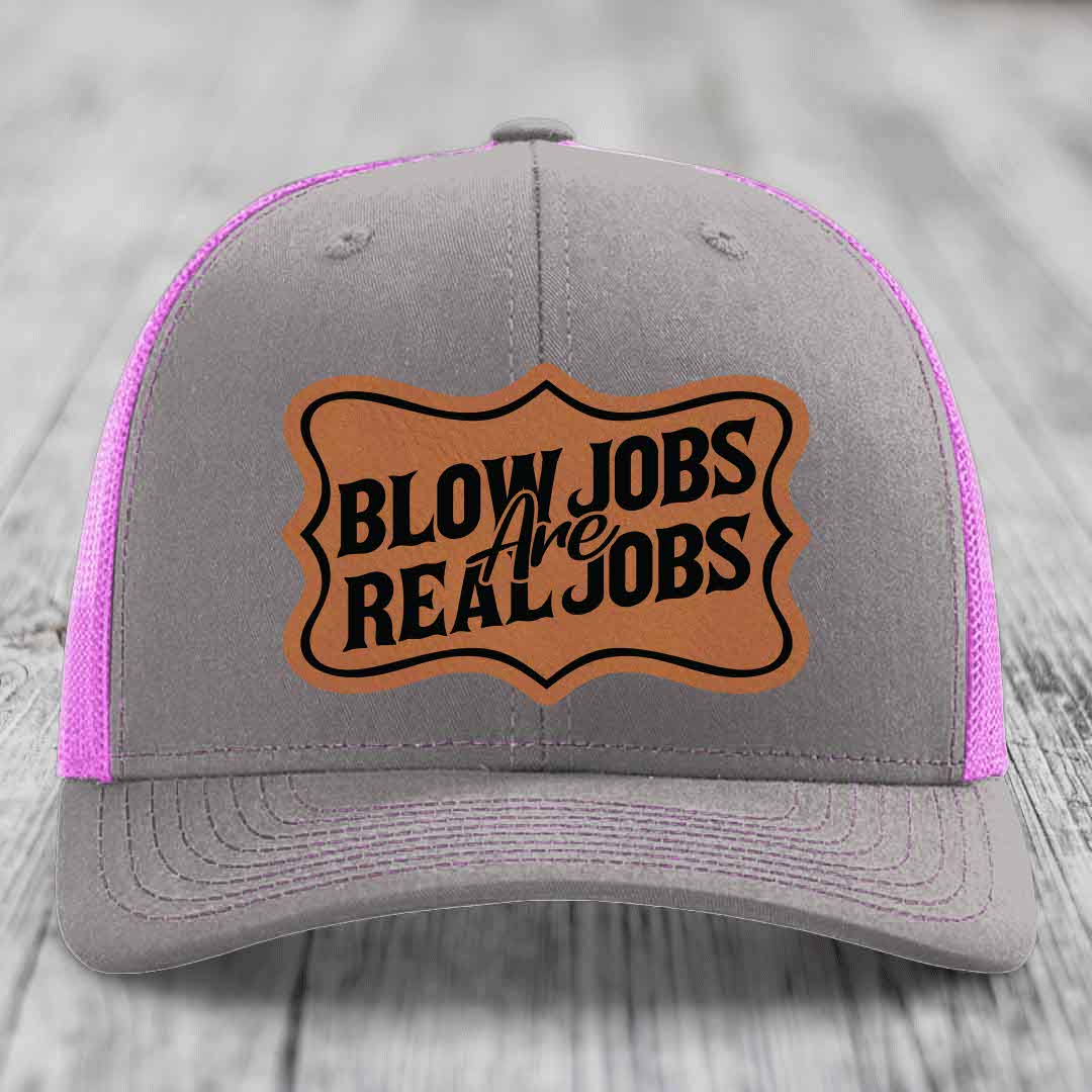 Blow Jobs Are Real Jobs v02 - Leather Patch Hat - Rawhide to Black Patch - Richardson 112 Snapback Trucker Hat