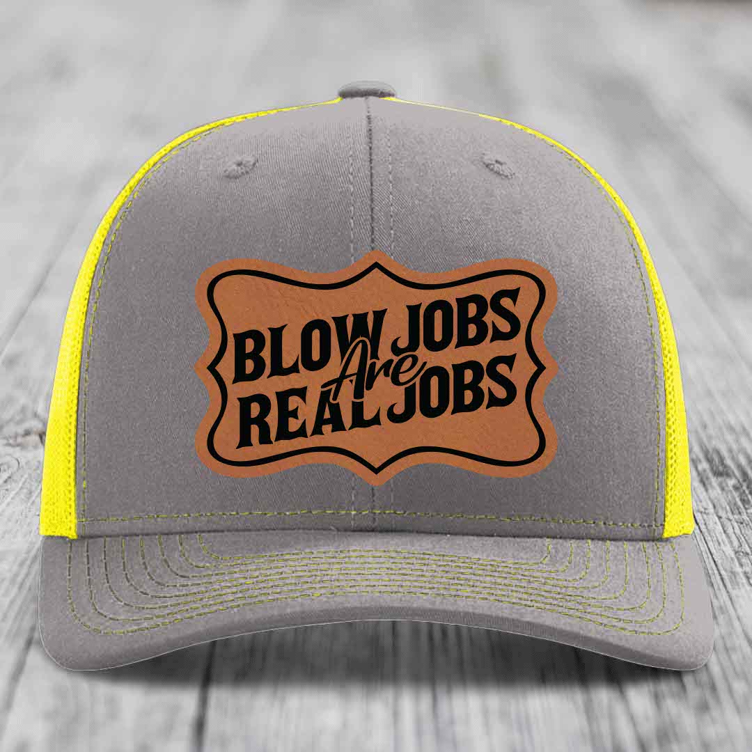 Blow Jobs Are Real Jobs v02 - Leather Patch Hat - Rawhide to Black Patch - Richardson 112 Snapback Trucker Hat