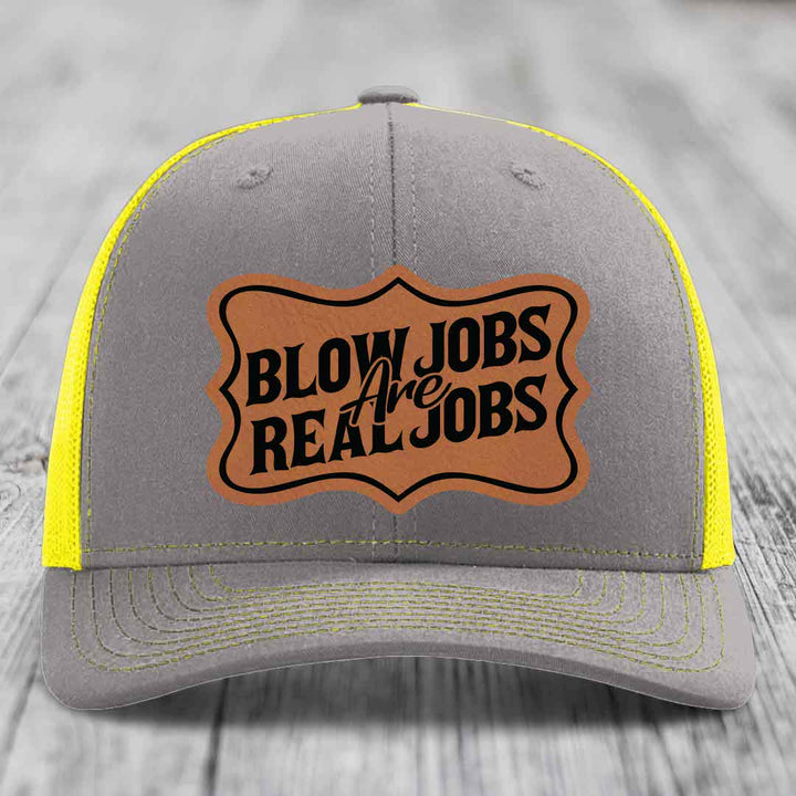 Blow Jobs Are Real Jobs v02 - Leather Patch Hat - Rawhide to Black Patch - Richardson 112 Snapback Trucker Hat