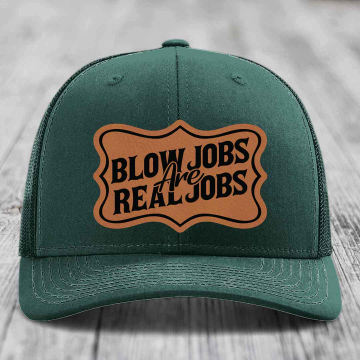 Blow Jobs Are Real Jobs v02 - Leather Patch Hat - Rawhide to Black Patch - Richardson 112 Snapback Trucker Hat