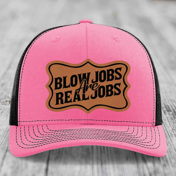 Blow Jobs Are Real Jobs v02 - Leather Patch Hat - Rawhide to Black Patch - Richardson 112 Snapback Trucker Hat