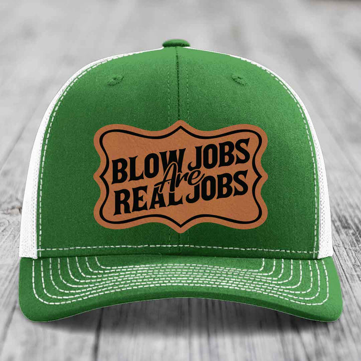 Blow Jobs Are Real Jobs v02 - Leather Patch Hat - Rawhide to Black Patch - Richardson 112 Snapback Trucker Hat