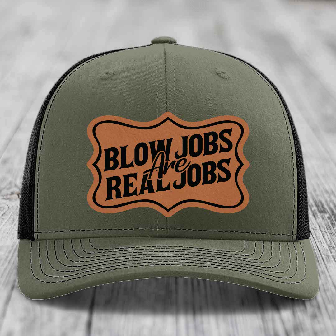Blow Jobs Are Real Jobs v02 - Leather Patch Hat - Rawhide to Black Patch - Richardson 112 Snapback Trucker Hat