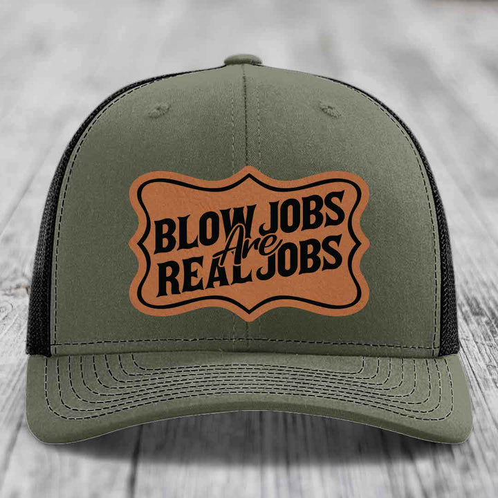 Blow Jobs Are Real Jobs v02 - Leather Patch Hat - Rawhide to Black Patch - Richardson 112 Snapback Trucker Hat