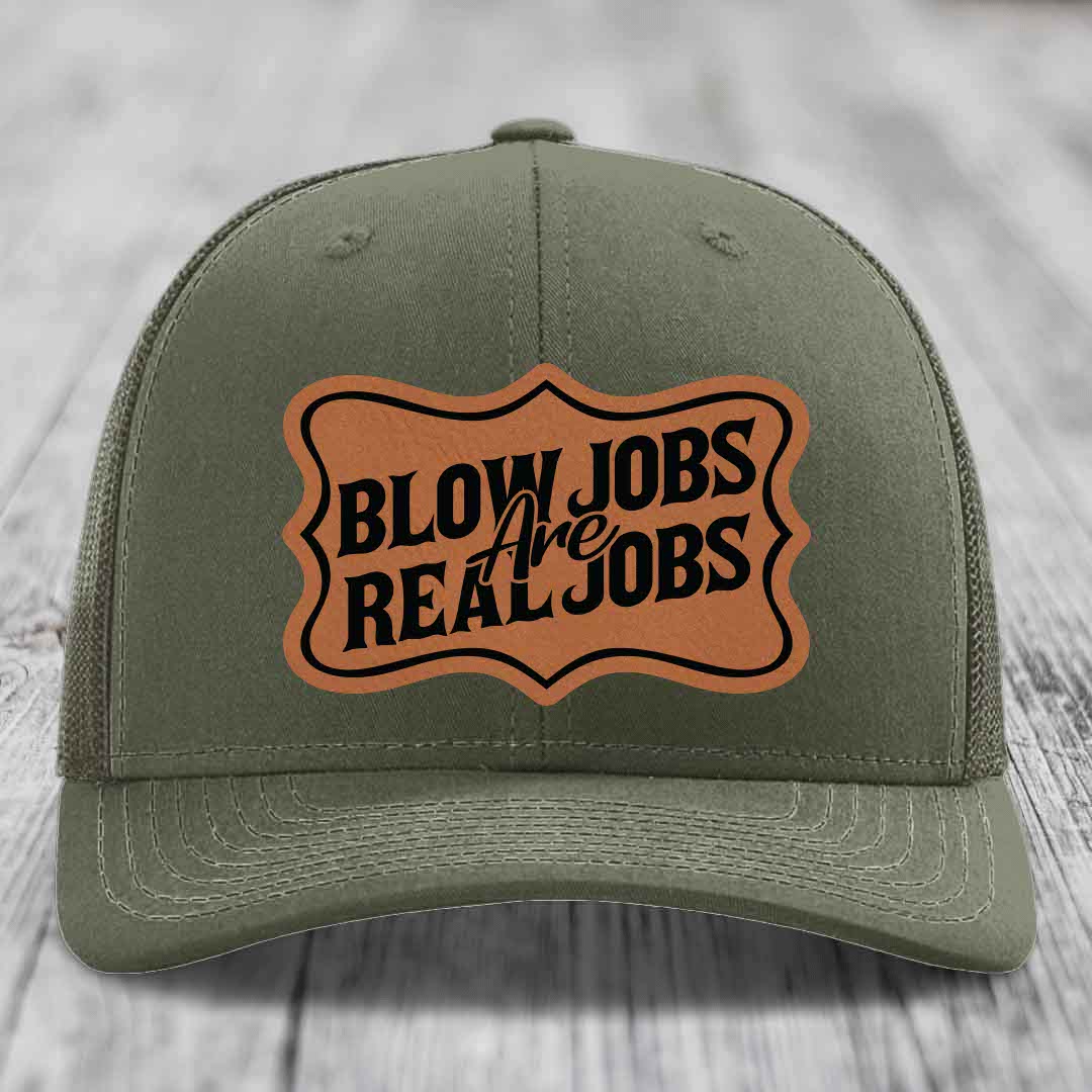 Blow Jobs Are Real Jobs v02 - Leather Patch Hat - Rawhide to Black Patch - Richardson 112 Snapback Trucker Hat
