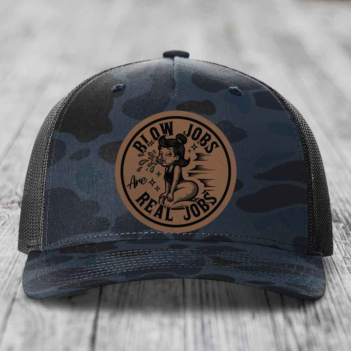 Blow Jobs Are Real Jobs - Leather Patch Hat - Dark Brown to Black Patch - Richardson 112PFP Snapback Trucker Hat