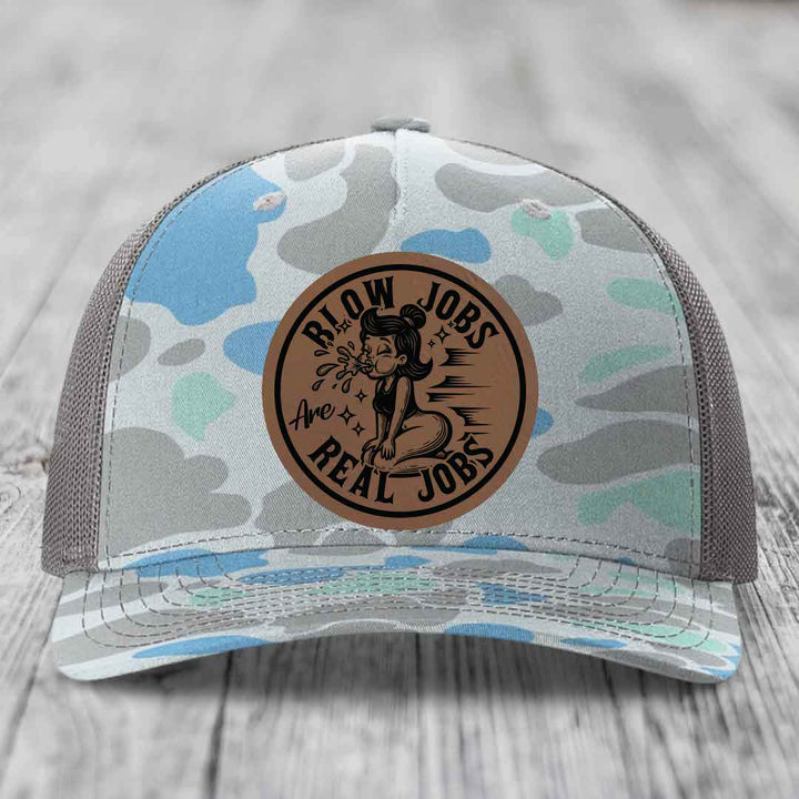 Blow Jobs Are Real Jobs - Leather Patch Hat - Dark Brown to Black Patch - Richardson 112PFP Snapback Trucker Hat