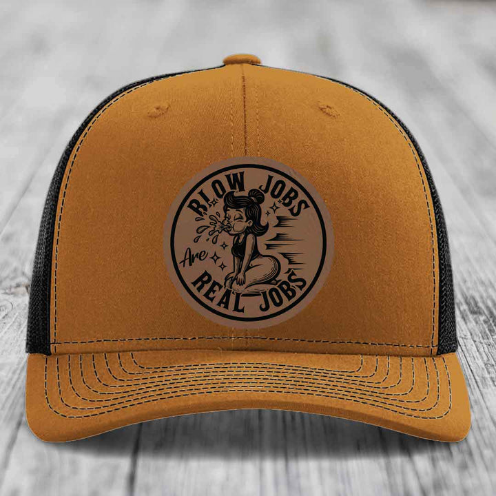 Blow Jobs Are Real Jobs - Leather Patch Hat - Dark Brown to Black Patch - Richardson 112 Snapback Trucker Hat