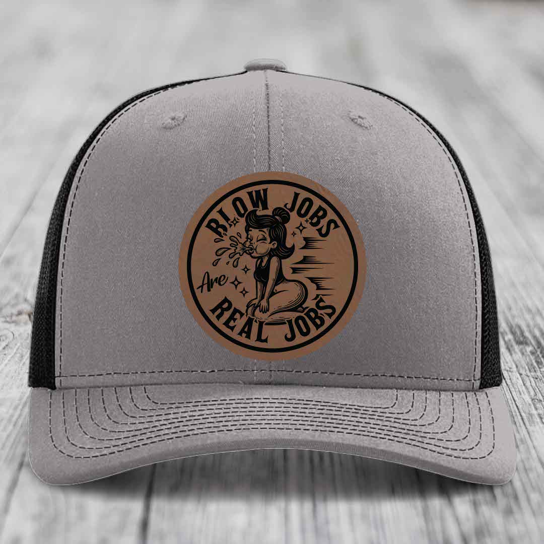 Blow Jobs Are Real Jobs - Leather Patch Hat - Dark Brown to Black Patch - Richardson 112 Snapback Trucker Hat