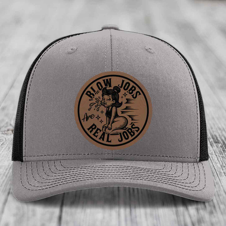 Blow Jobs Are Real Jobs - Leather Patch Hat - Dark Brown to Black Patch - Richardson 112 Snapback Trucker Hat