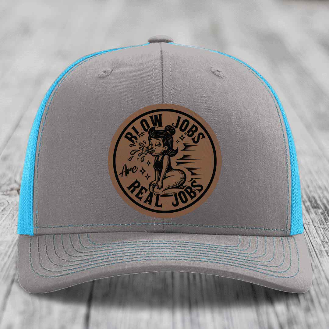 Blow Jobs Are Real Jobs - Leather Patch Hat - Dark Brown to Black Patch - Richardson 112 Snapback Trucker Hat