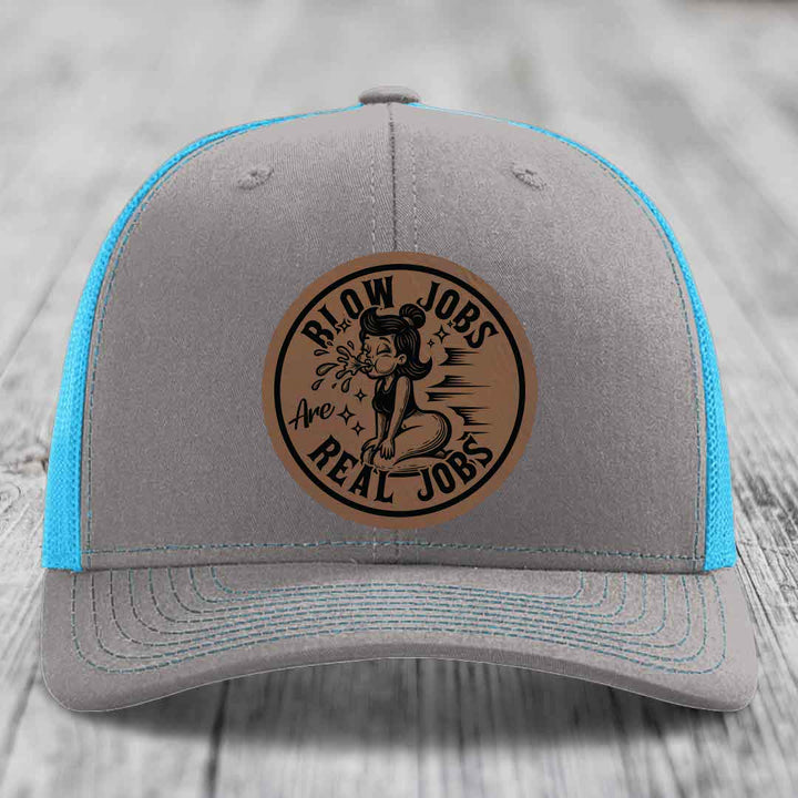Blow Jobs Are Real Jobs - Leather Patch Hat - Dark Brown to Black Patch - Richardson 112 Snapback Trucker Hat