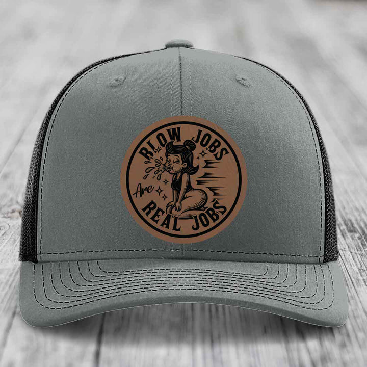 Blow Jobs Are Real Jobs - Leather Patch Hat - Dark Brown to Black Patch - Richardson 112 Snapback Trucker Hat