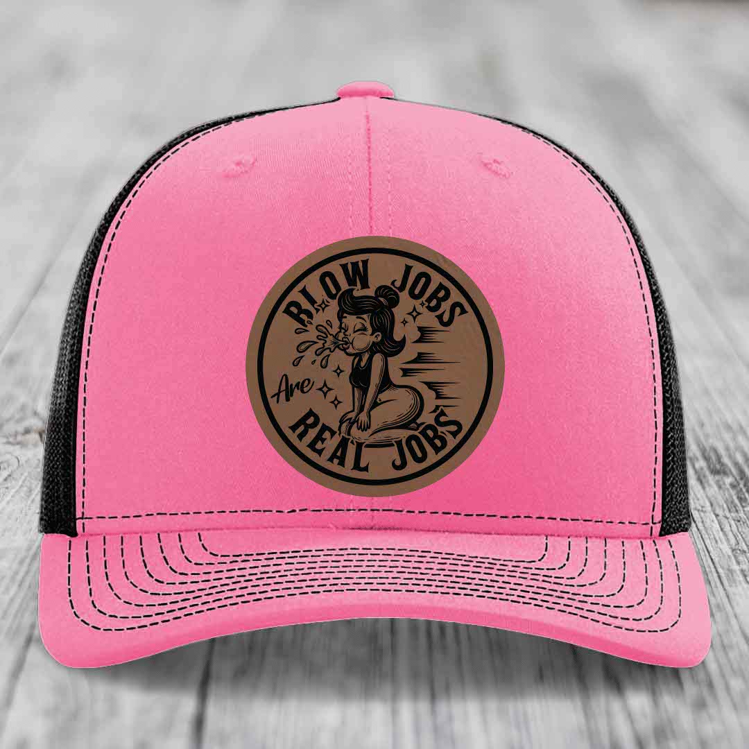 Blow Jobs Are Real Jobs - Leather Patch Hat - Dark Brown to Black Patch - Richardson 112 Snapback Trucker Hat