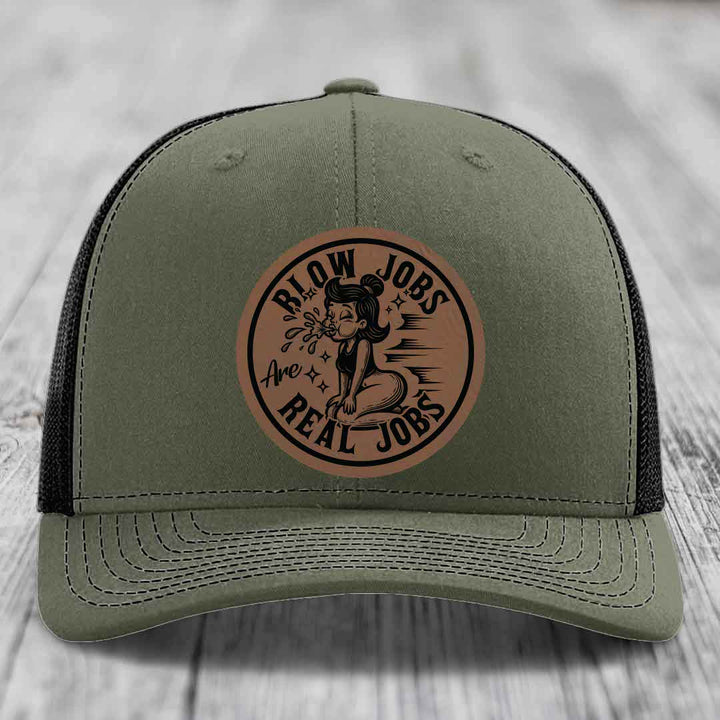Blow Jobs Are Real Jobs - Leather Patch Hat - Dark Brown to Black Patch - Richardson 112 Snapback Trucker Hat