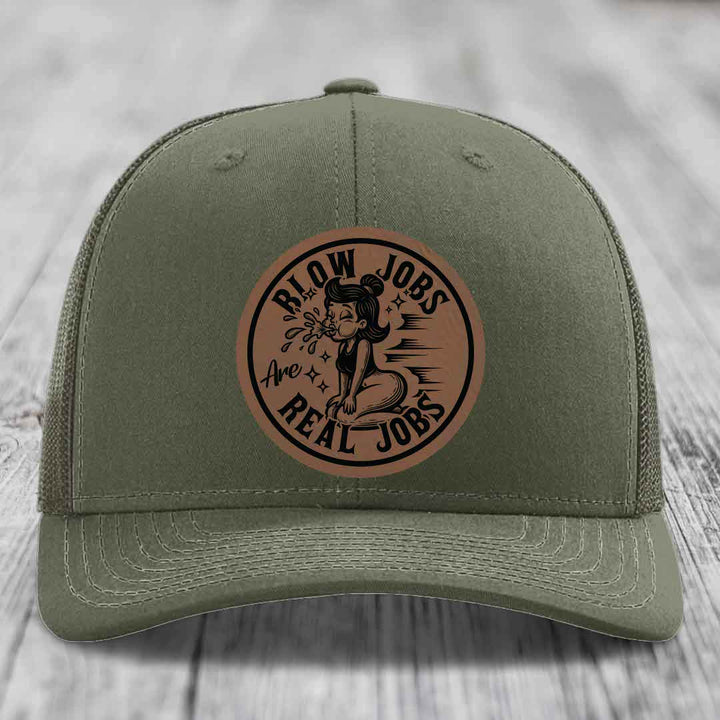 Blow Jobs Are Real Jobs - Leather Patch Hat - Dark Brown to Black Patch - Richardson 112 Snapback Trucker Hat