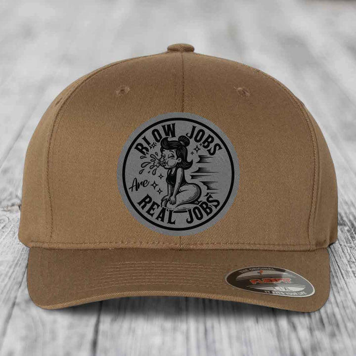 Blow Jobs Are Real Jobs - Leather Patch Hat - Grey to Black Patch - Flexfit 6277 Fitted Hat