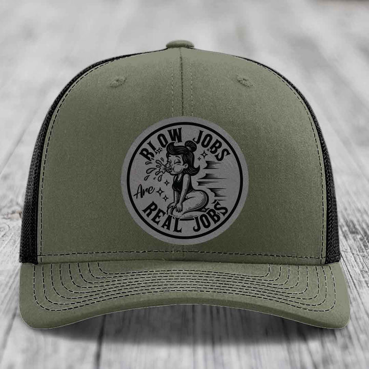Blow Jobs Are Real Jobs - Leather Patch Hat - Grey to Black Patch - Richardson 112 Snapback Trucker Hat