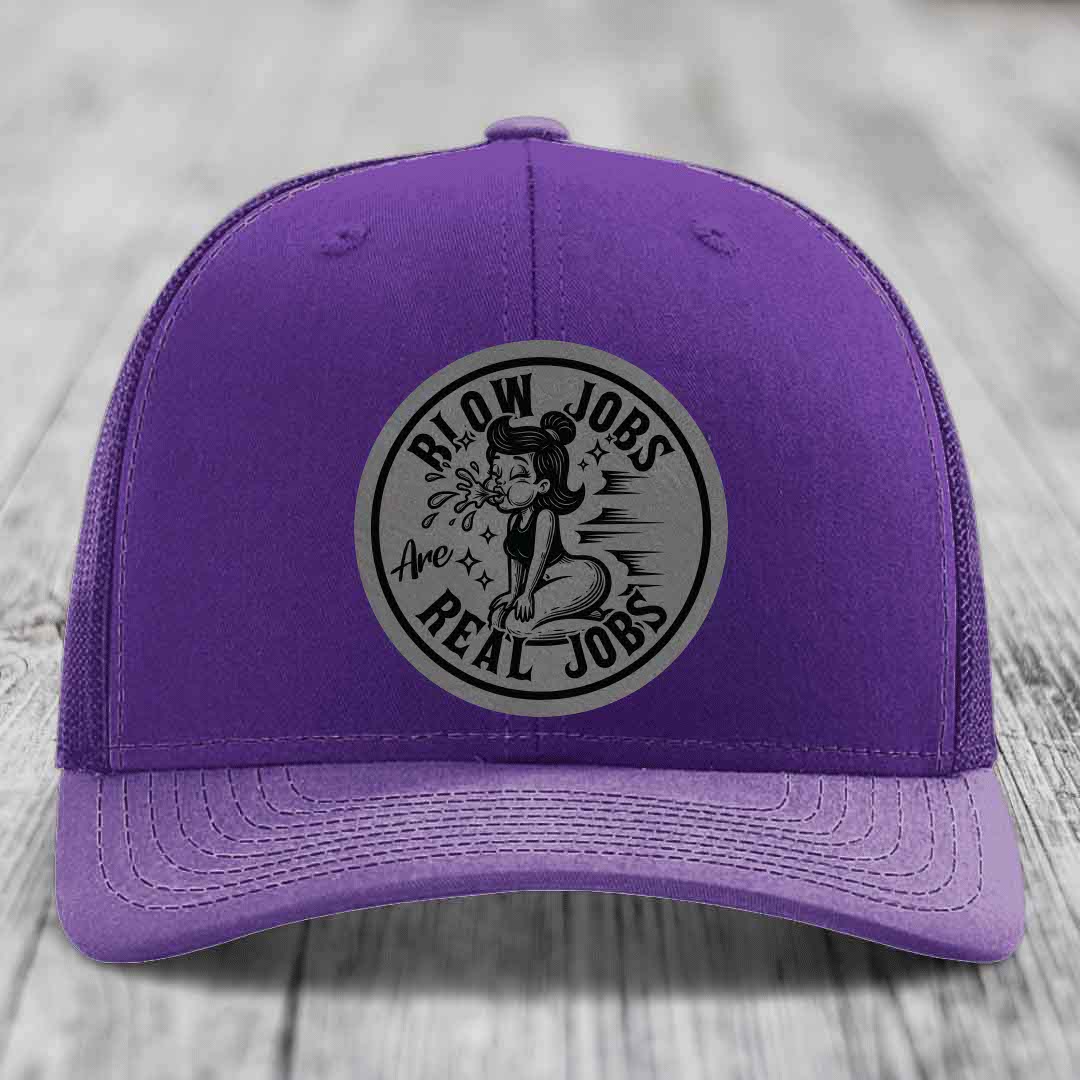 Blow Jobs Are Real Jobs - Leather Patch Hat - Grey to Black Patch - Richardson 112 Snapback Trucker Hat