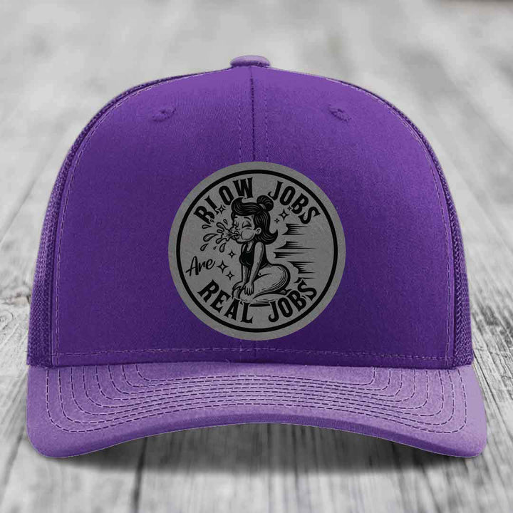Blow Jobs Are Real Jobs - Leather Patch Hat - Grey to Black Patch - Richardson 112 Snapback Trucker Hat