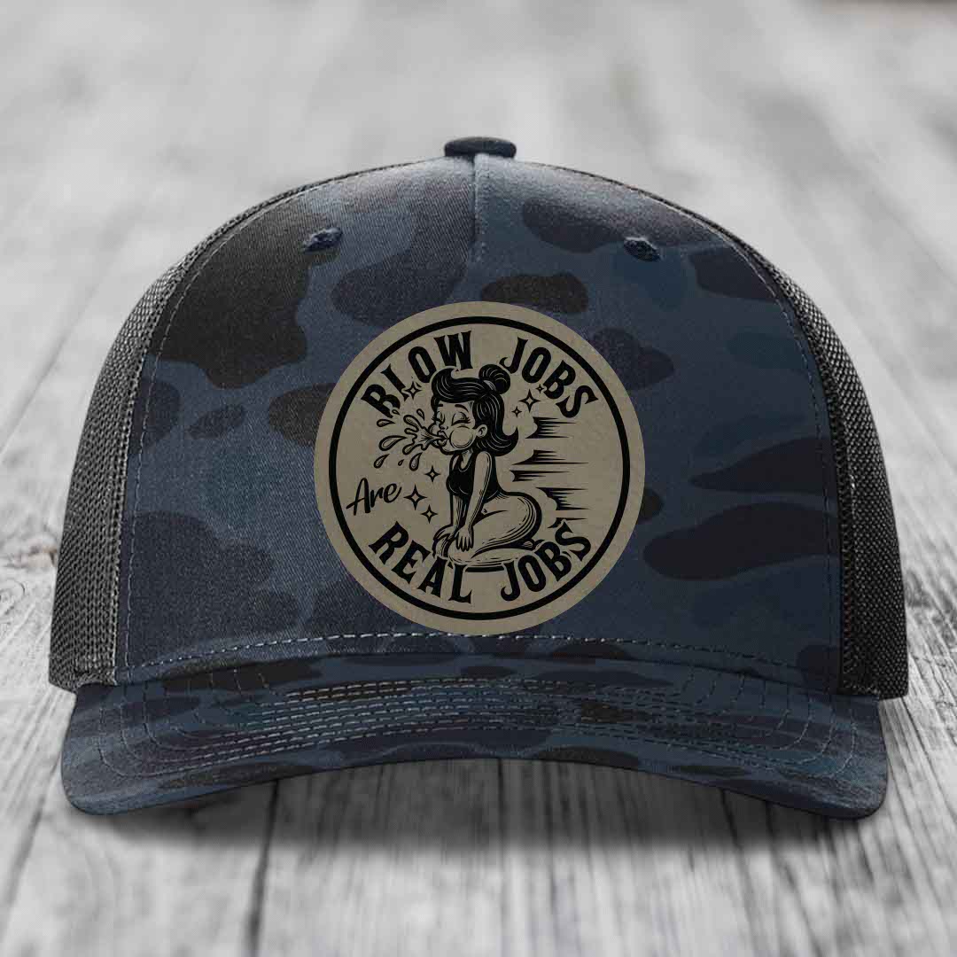 Camouflage trucker hat with circular patch reading &