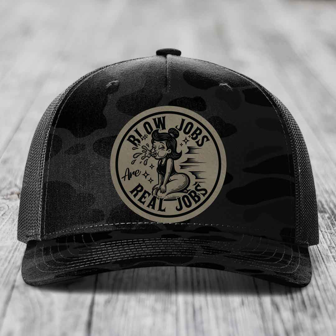 Blow Jobs Are Real Jobs - Leather Patch Hat - Light Brown to Black Patch - Richardson 112PFP Snapback Trucker Hat