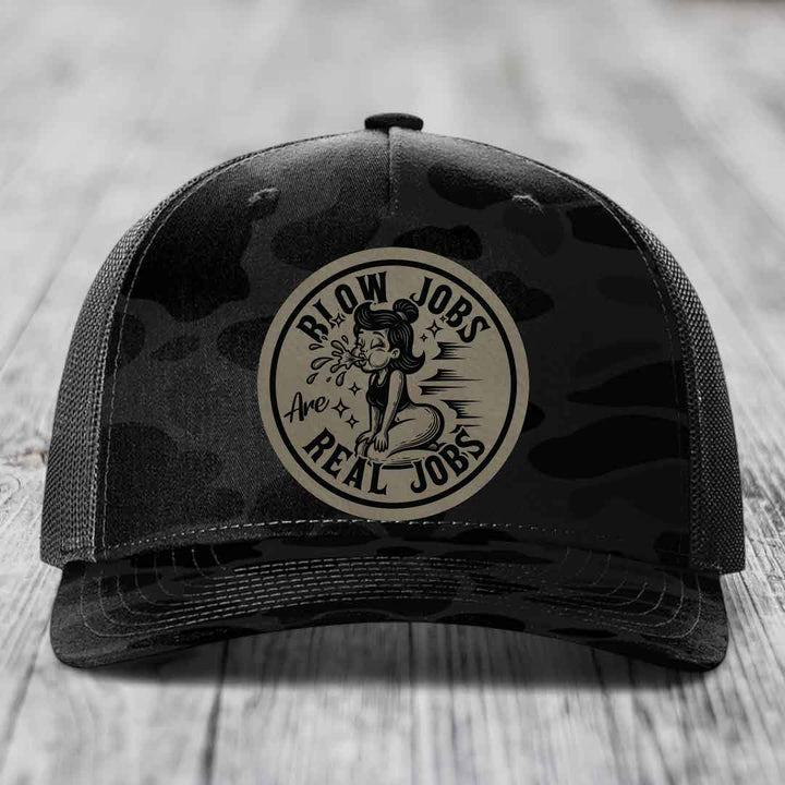 Blow Jobs Are Real Jobs - Leather Patch Hat - Light Brown to Black Patch - Richardson 112PFP Snapback Trucker Hat