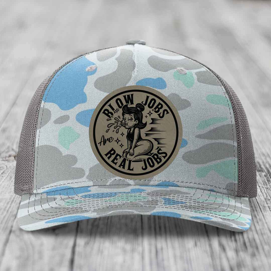 Blow Jobs Are Real Jobs - Leather Patch Hat - Light Brown to Black Patch - Richardson 112PFP Snapback Trucker Hat