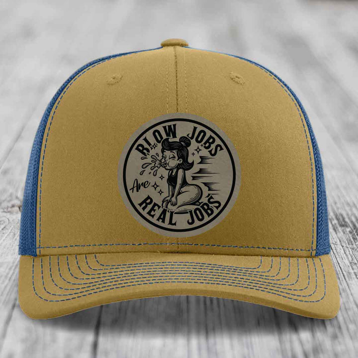 Blow Jobs Are Real Jobs - Leather Patch Hat - Light Brown to Black Patch - Richardson 112 Snapback Trucker Hat