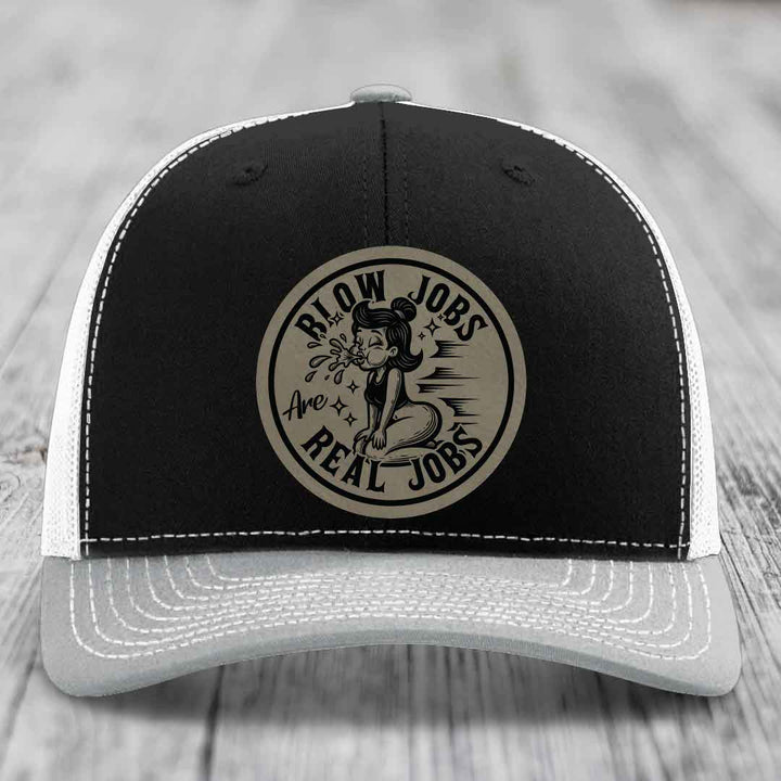 Blow Jobs Are Real Jobs - Leather Patch Hat - Light Brown to Black Patch - Richardson 112 Snapback Trucker Hat