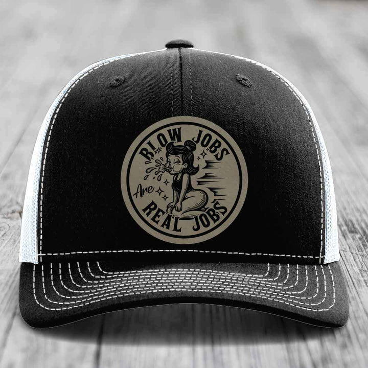 Blow Jobs Are Real Jobs - Leather Patch Hat - Light Brown to Black Patch - Richardson 112 Snapback Trucker Hat