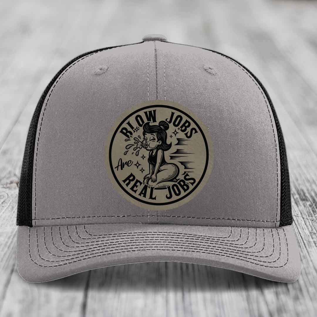 Blow Jobs Are Real Jobs - Leather Patch Hat - Light Brown to Black Patch - Richardson 112 Snapback Trucker Hat