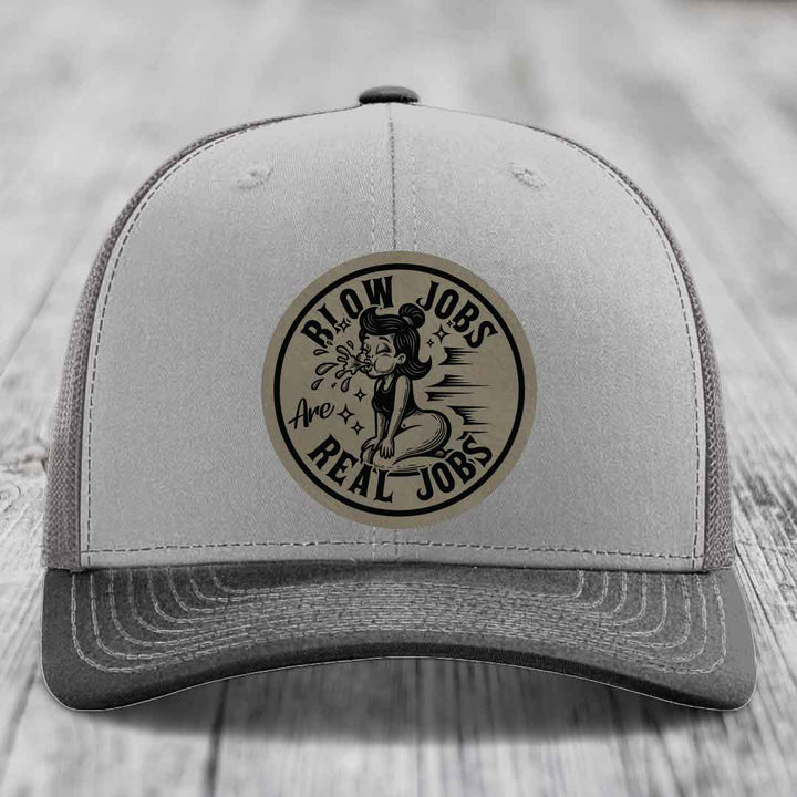 Blow Jobs Are Real Jobs - Leather Patch Hat - Light Brown to Black Patch - Richardson 112 Snapback Trucker Hat