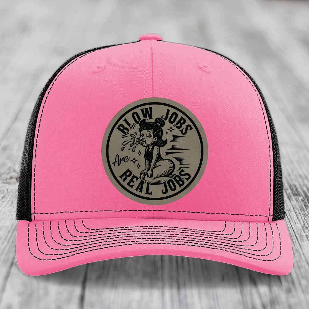 Blow Jobs Are Real Jobs - Leather Patch Hat - Light Brown to Black Patch - Richardson 112 Snapback Trucker Hat