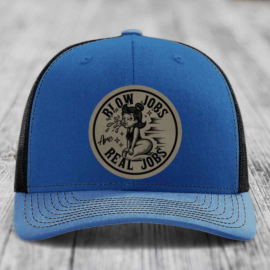 Blow Jobs Are Real Jobs - Leather Patch Hat - Light Brown to Black Patch - Richardson 112 Snapback Trucker Hat