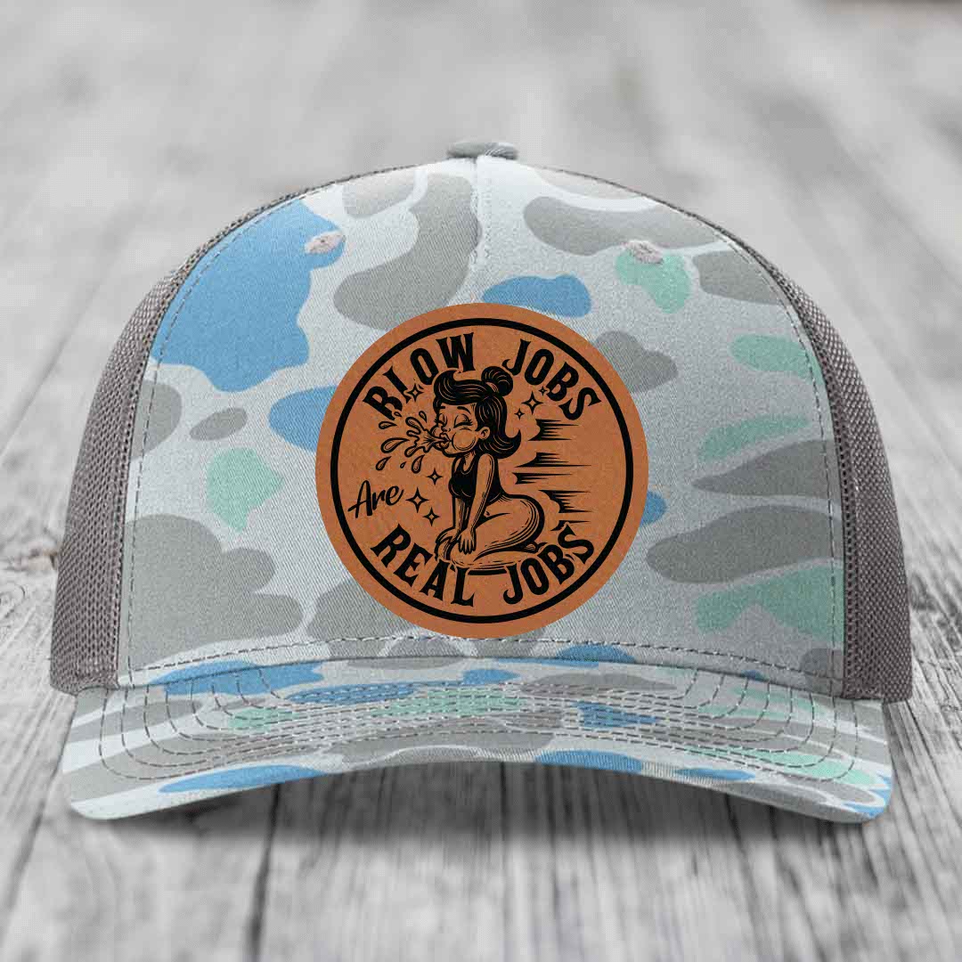 Blow Jobs Are Real Jobs - Leather Patch Hat - Rawhide to Black Patch - Richardson 112PFP Snapback Trucker Hat