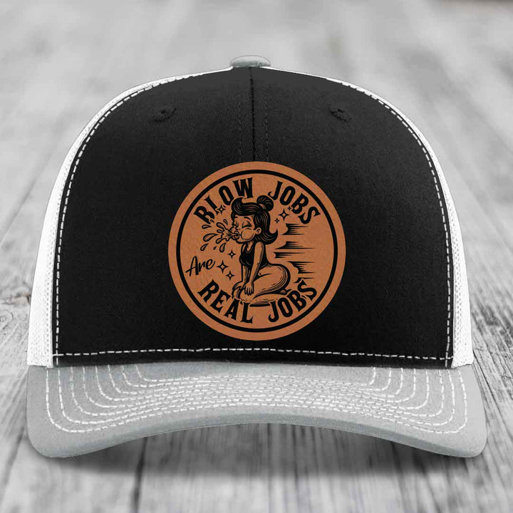 Blow Jobs Are Real Jobs - Leather Patch Hat - Rawhide to Black Patch - Richardson 112 Snapback Trucker Hat