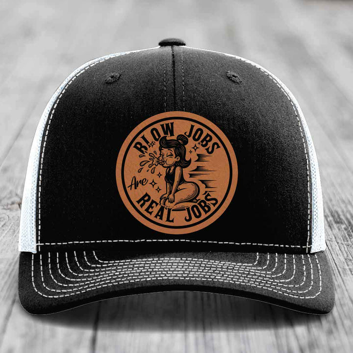 Blow Jobs Are Real Jobs - Leather Patch Hat - Rawhide to Black Patch - Richardson 112 Snapback Trucker Hat