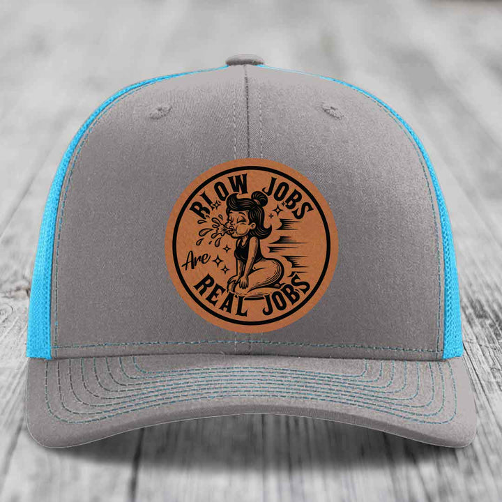 Blow Jobs Are Real Jobs - Leather Patch Hat - Rawhide to Black Patch - Richardson 112 Snapback Trucker Hat