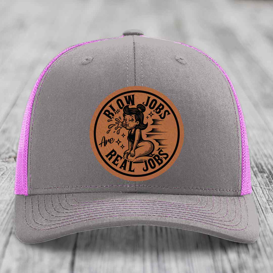 Blow Jobs Are Real Jobs - Leather Patch Hat - Rawhide to Black Patch - Richardson 112 Snapback Trucker Hat