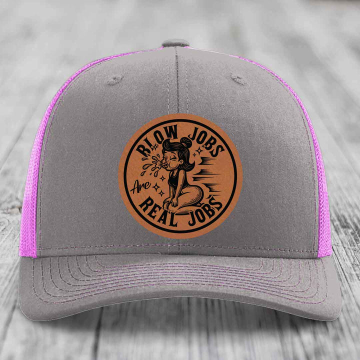Blow Jobs Are Real Jobs - Leather Patch Hat - Rawhide to Black Patch - Richardson 112 Snapback Trucker Hat
