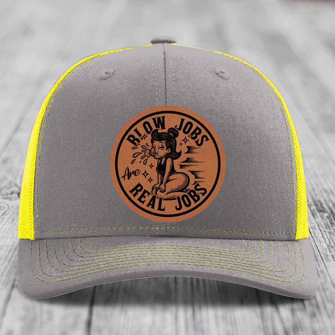 Blow Jobs Are Real Jobs - Leather Patch Hat - Rawhide to Black Patch - Richardson 112 Snapback Trucker Hat