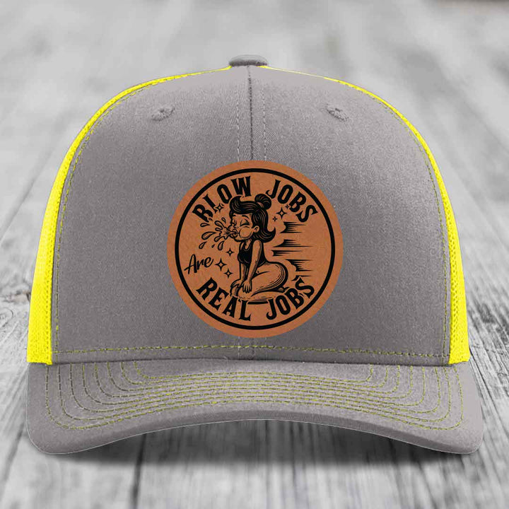 Blow Jobs Are Real Jobs - Leather Patch Hat - Rawhide to Black Patch - Richardson 112 Snapback Trucker Hat