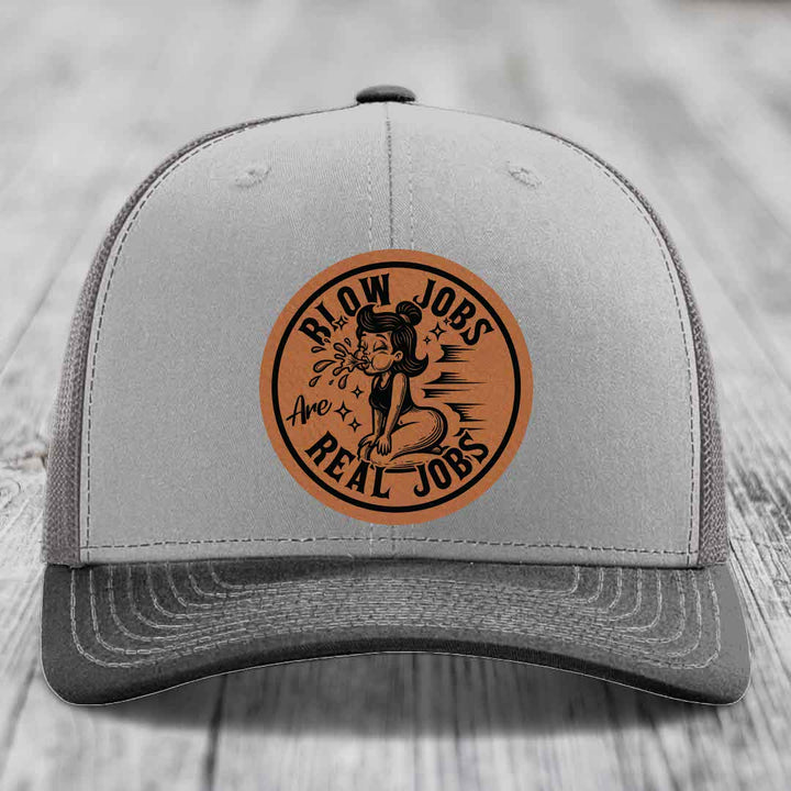 Blow Jobs Are Real Jobs - Leather Patch Hat - Rawhide to Black Patch - Richardson 112 Snapback Trucker Hat