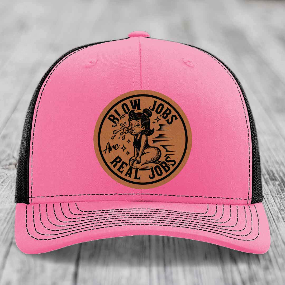 Blow Jobs Are Real Jobs - Leather Patch Hat - Rawhide to Black Patch - Richardson 112 Snapback Trucker Hat