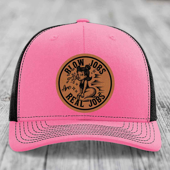 Blow Jobs Are Real Jobs - Leather Patch Hat - Rawhide to Black Patch - Richardson 112 Snapback Trucker Hat