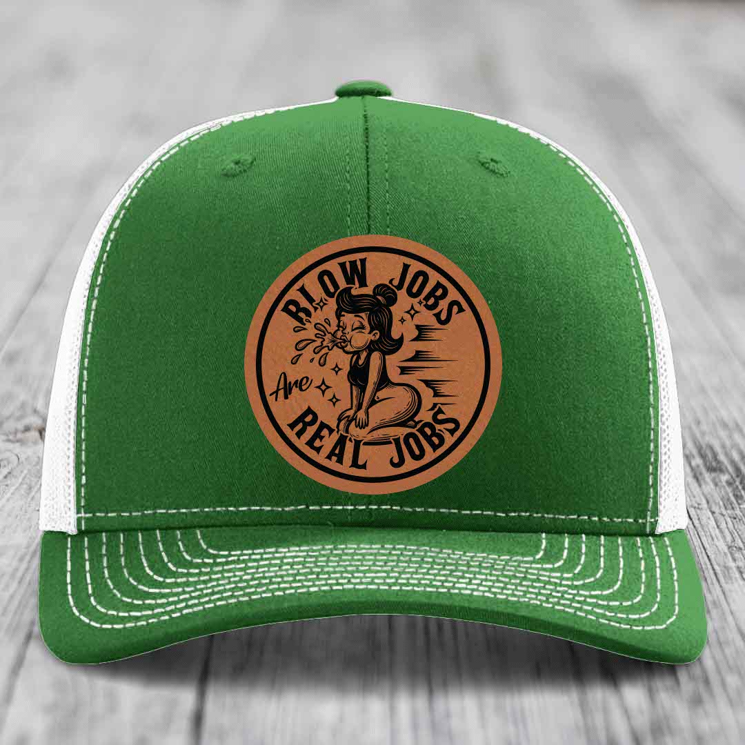 Blow Jobs Are Real Jobs - Leather Patch Hat - Rawhide to Black Patch - Richardson 112 Snapback Trucker Hat