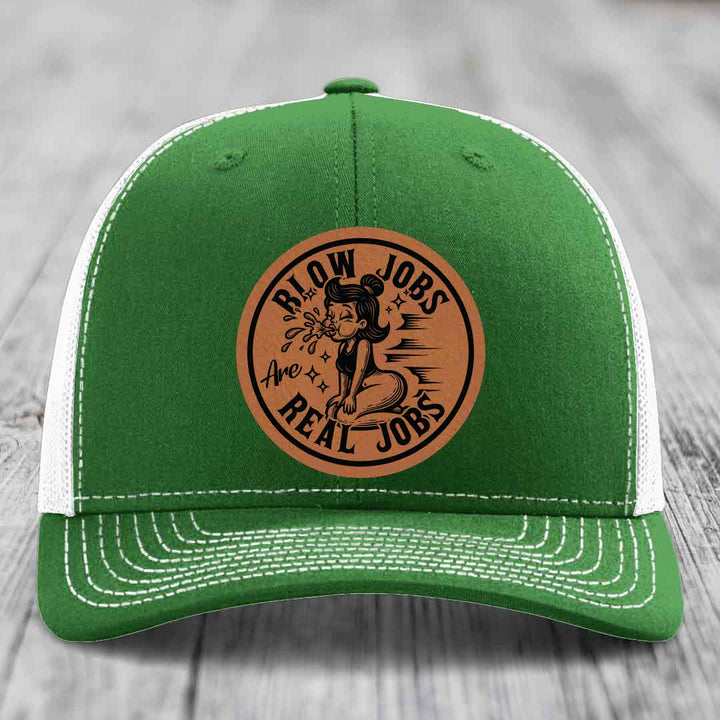 Blow Jobs Are Real Jobs - Leather Patch Hat - Rawhide to Black Patch - Richardson 112 Snapback Trucker Hat