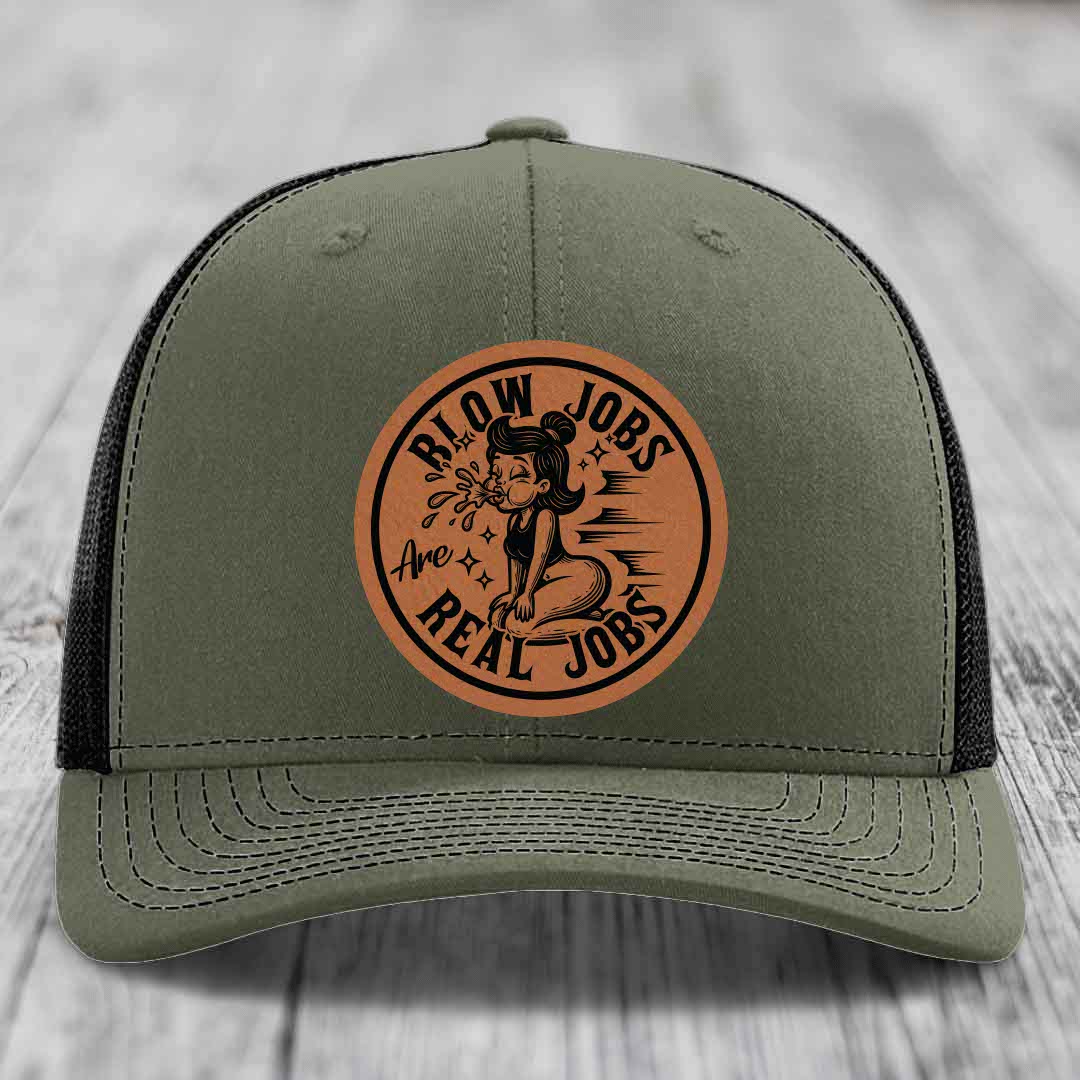 Blow Jobs Are Real Jobs - Leather Patch Hat - Rawhide to Black Patch - Richardson 112 Snapback Trucker Hat
