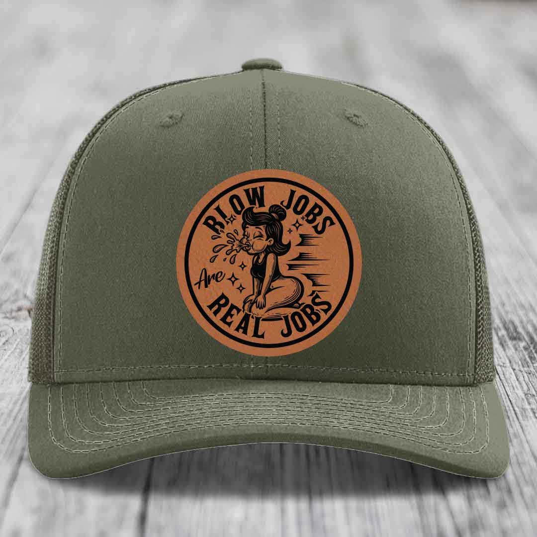 Blow Jobs Are Real Jobs - Leather Patch Hat - Rawhide to Black Patch - Richardson 112 Snapback Trucker Hat